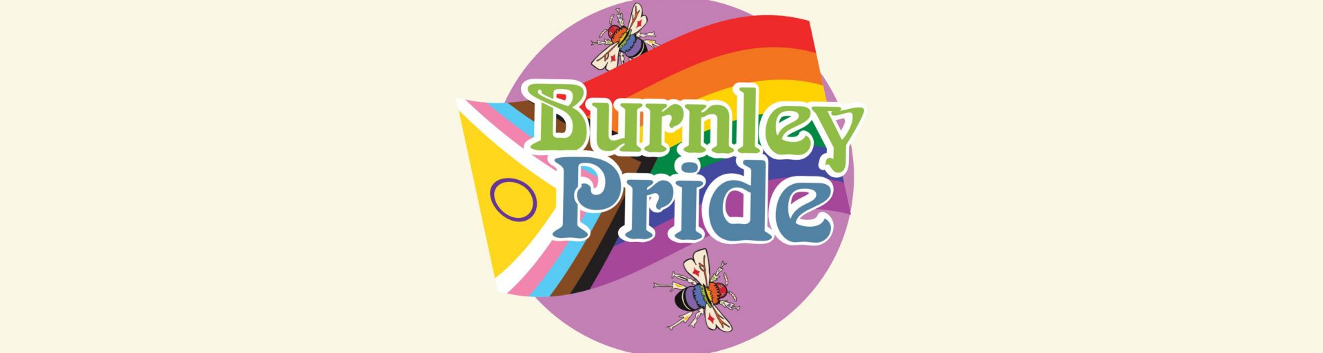 Round logo with the words Burnley Pride in large text on top of a purple circle and the LGBT+ flag.